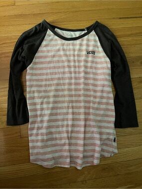 Vans Pink & White Striped Raglan Tee with Grey Sleeves